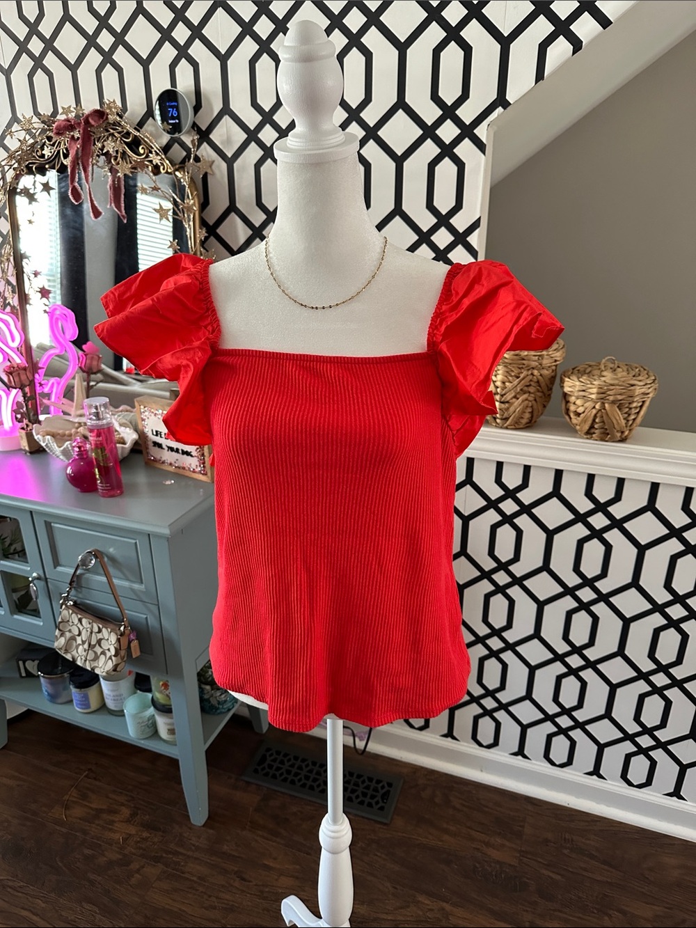 a new day Red Ribbed Square-Neck Ruffle Sleeve Top